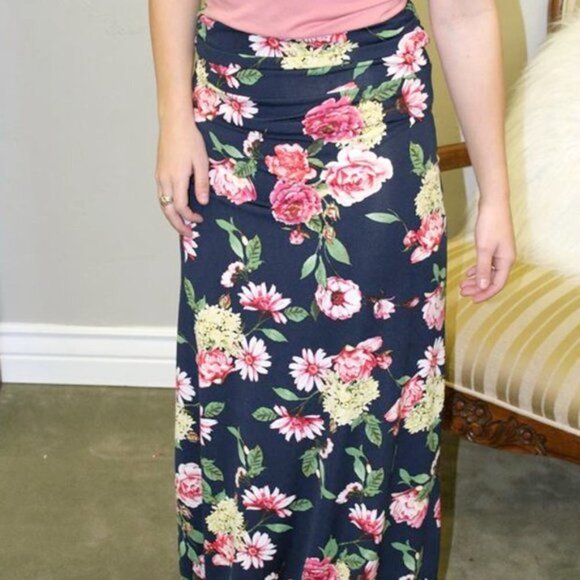 Dark Navy Blue Floral Flower Long Maxi Skirt Samll - Picture 4 of 5